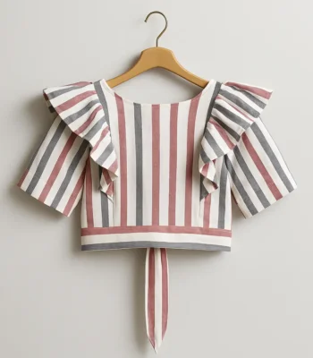 شومیز کراپ راه راه کد 100، شومیز دخترانه با رافل روی شانه، مناسب تابستان