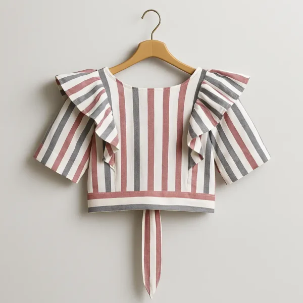 شومیز کراپ راه راه کد 100، شومیز دخترانه با رافل روی شانه، مناسب تابستان