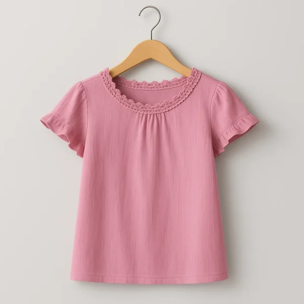 بلوز نخی یقه گیپوری کد 101 با رنگ صورتی و یقه طرح گیپور مناسب دختران، پارچه لطیف و ضدحساسیت