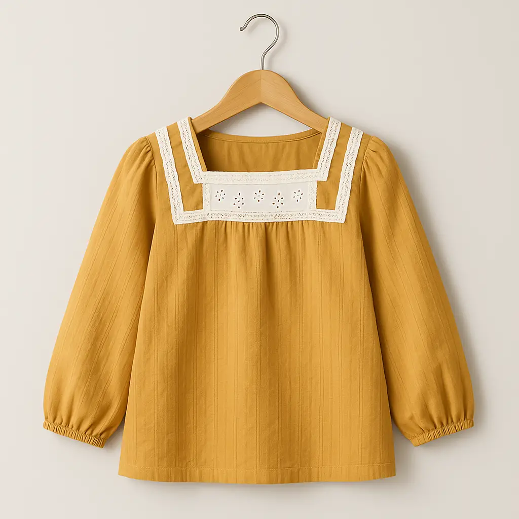 شومیز یقه گیپور خردلی کد 106 نمای جلو