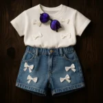 ست بچه گانه تیشرت سفید با شلوارک جین دخترانه