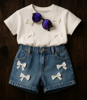 ست بچه گانه تیشرت سفید با شلوارک جین دخترانه