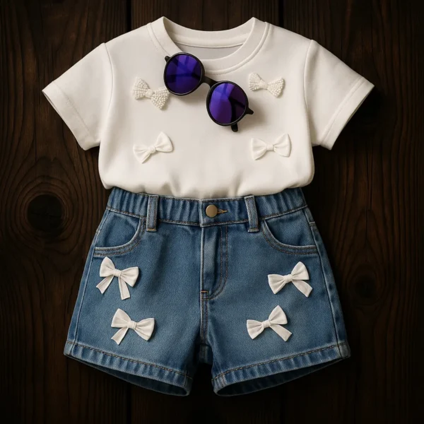 ست بچه گانه تیشرت سفید با شلوارک جین دخترانه