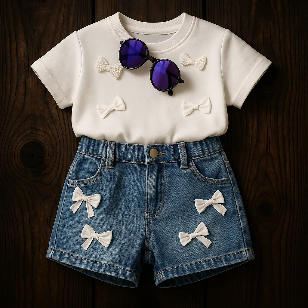 ست بچه گانه تیشرت سفید با شلوارک جین دخترانه