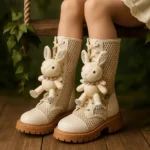 نیم بوت فانتزی توری کرم عروسکی خرگوش بچگانه با تزئین خرگوش نگین دار و رویه تور و چرم مصنوعی