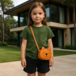 ست تیشرت سبز و شلوارک مشکی بچه‌ گانه با کیف کراس‌بادی طرح خرس