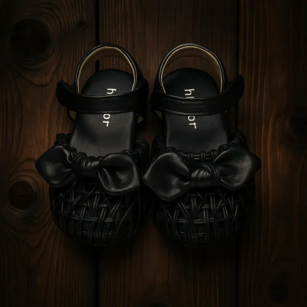 کفش چرمی بچگانه مشکی پاپیون دار با رویه بافت و زیره ضدلغزش