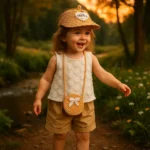 ست دخترانه تاپ خامه دوزی و شلوارک نخودی با کلاه و کیف حصیری