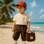 ست اسپرت تیشرت کرم و شلوار قهوه‌ ای بچگانه با کیف خرسی و کفش سفید