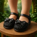 کفش چرمی بچگانه مشکی پاپیون دار با رویه بافت و زیره ضدلغزش