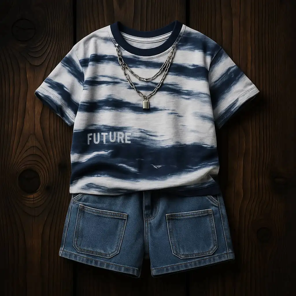 ست اسپرت تیشرت تای دای و شلوارک جین پسرانه تابستانی