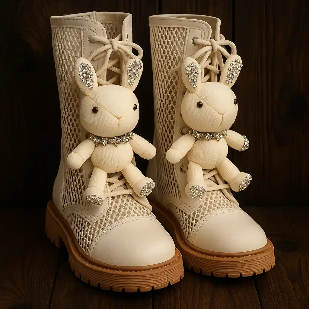 nim-boot-fantasy-lace-cream-bunny-girls نیم بوت فانتزی توری کرم عروسکی خرگوش بچگانه با تزئین خرگوش نگین دار و رویه تور و چرم مصنوعی