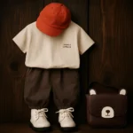 ست اسپرت تیشرت کرم و شلوار قهوه‌ ای بچگانه با کیف خرسی و کفش سفید