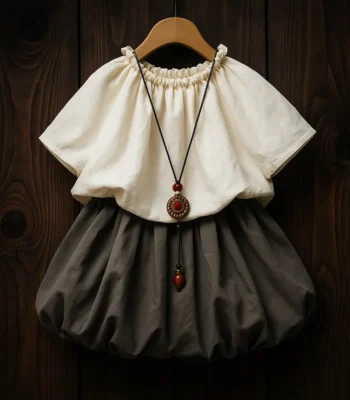 ست دخترانه شومیز و دامن پفی خاکستری با گردنبند تزئینی