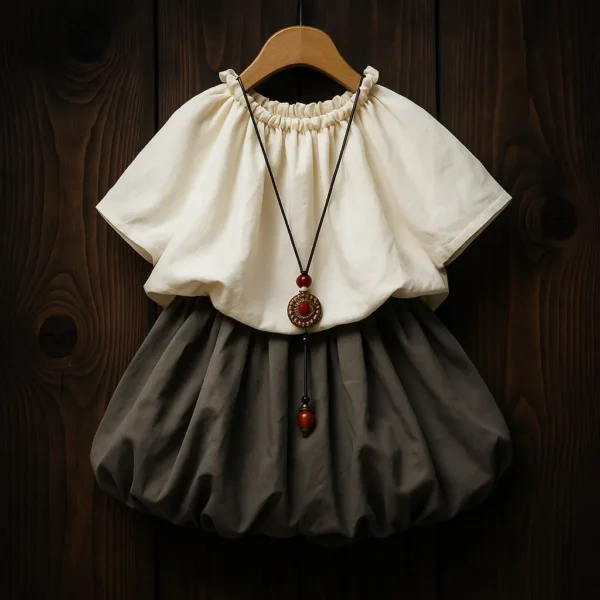 ست دخترانه شومیز و دامن پفی خاکستری با گردنبند تزئینی