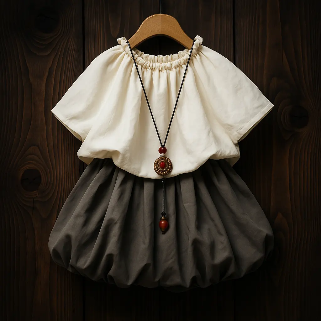 ست دخترانه شومیز و دامن پفی خاکستری با گردنبند تزئینی