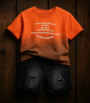 ست تی‌شرت نارنجی و شلوارک جین اسپرت پسرانه