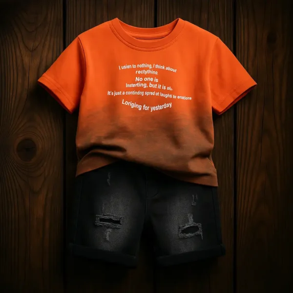 ست تی‌شرت نارنجی و شلوارک جین اسپرت پسرانه