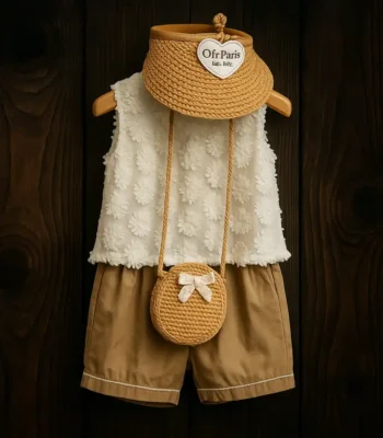 ست دخترانه تاپ خامه دوزی و شلوارک نخودی با کلاه و کیف حصیری