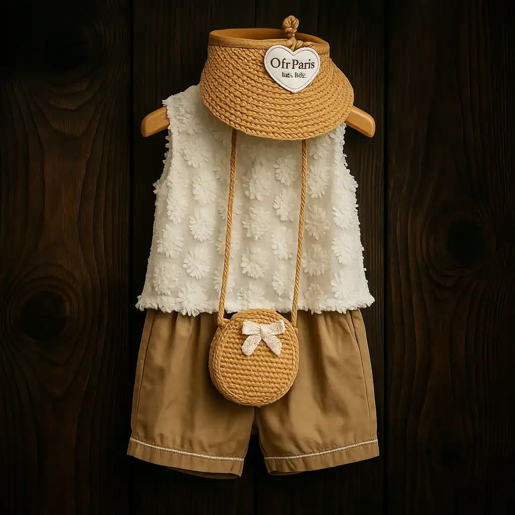 ست دخترانه تاپ خامه دوزی و شلوارک نخودی با کلاه و کیف حصیری