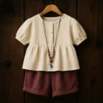 ست تابستانی شومیز کرمی و شلوارک زرشکی بچه‌گانه