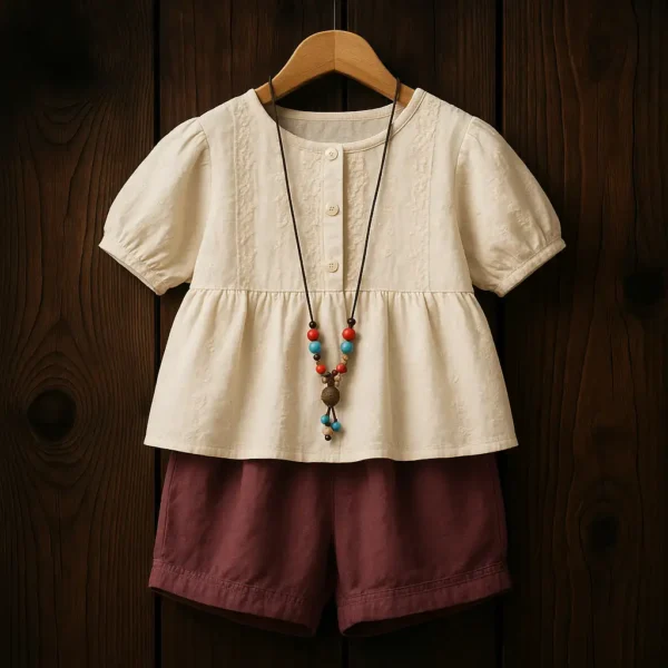 ست تابستانی شومیز کرمی و شلوارک زرشکی بچه‌گانه