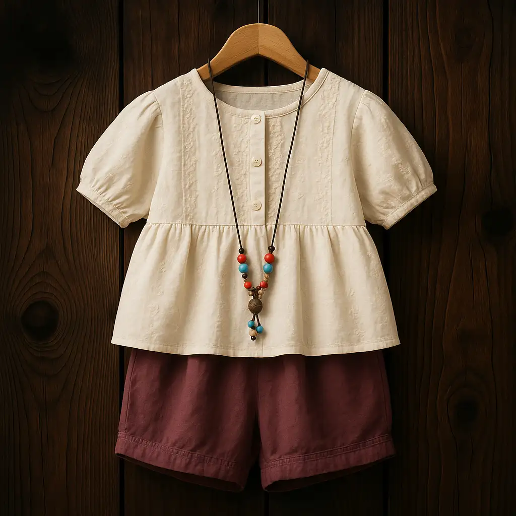 ست تابستانی شومیز کرمی و شلوارک زرشکی بچه‌گانه