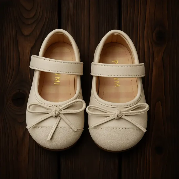 کفش چرمی بچگانه کرم پاپیون دار دخترانه