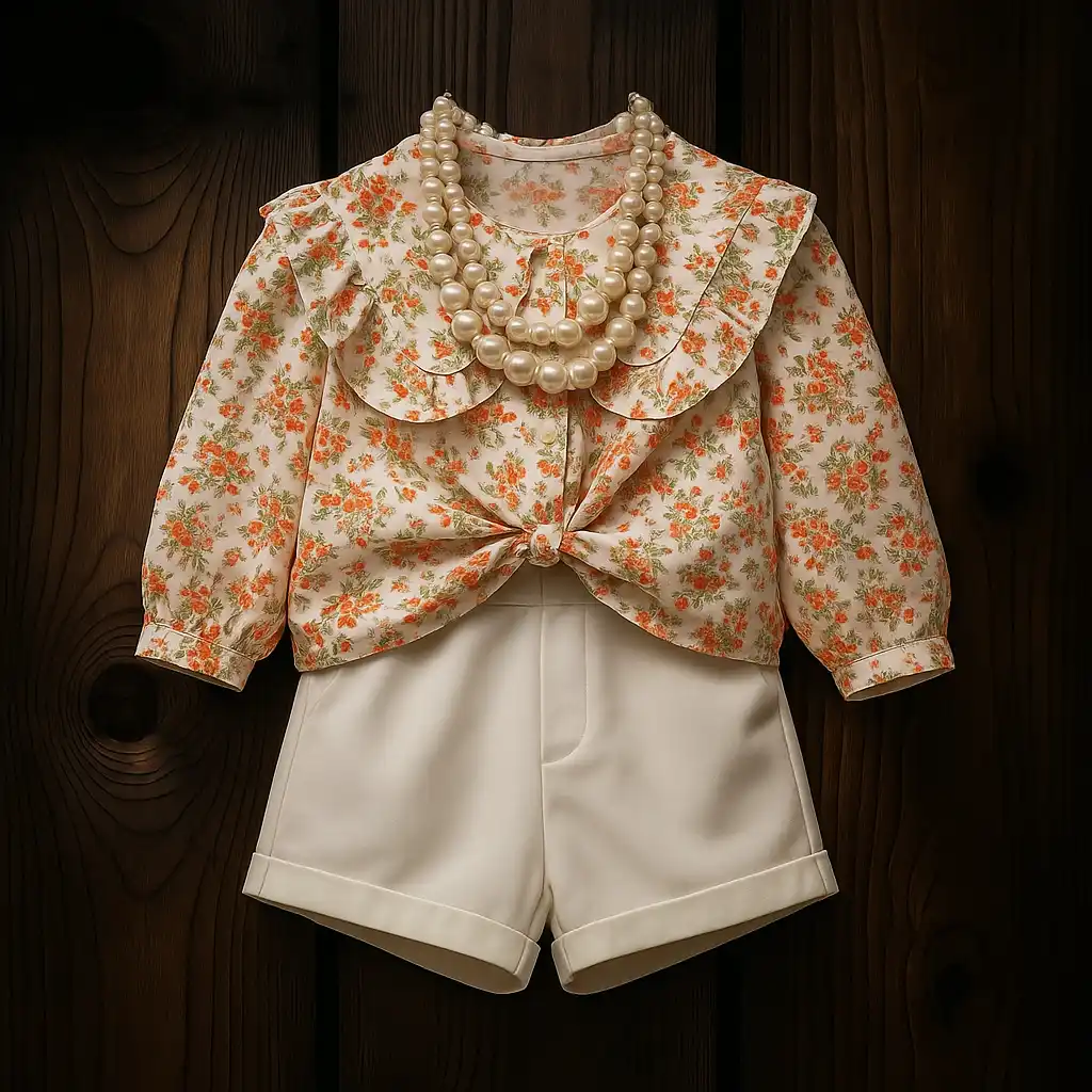 ست تابستانی شومیز گلدار و شورتک کرمی بچه‌گانه