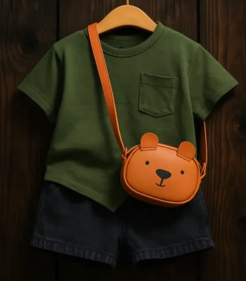 ست تیشرت سبز و شلوارک مشکی بچه‌ گانه با کیف کراس‌بادی طرح خرس