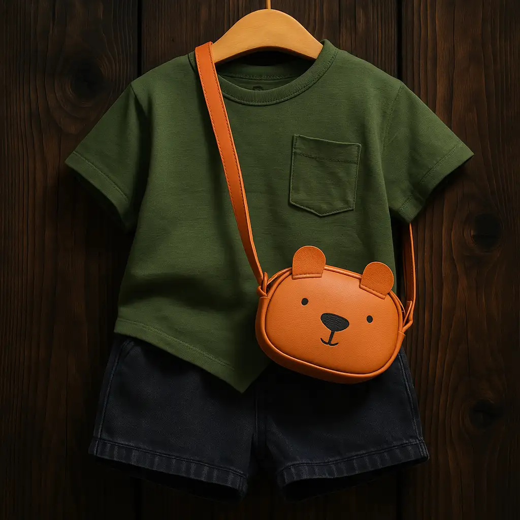 ست تیشرت سبز و شلوارک مشکی بچه‌ گانه با کیف کراس‌بادی طرح خرس