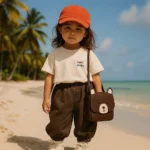 ست اسپرت تیشرت کرم و شلوار قهوه‌ ای بچگانه با کیف خرسی و کفش سفید