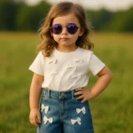 ست بچه گانه تیشرت سفید با شلوارک جین دخترانه