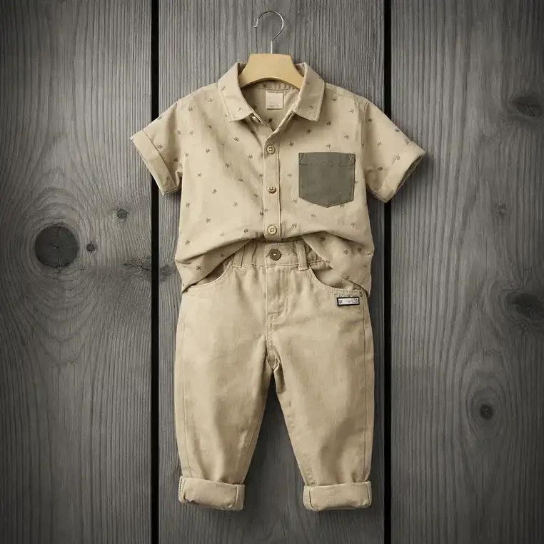 Kids Beige Shirt and Khaki Pants Outfit ست پسرانه پیراهن با شلوار کتان بچگانه شیک